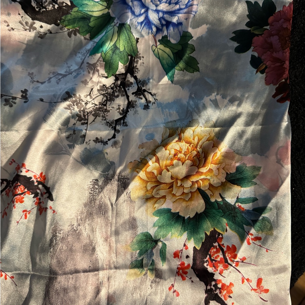 Cherry Blossoms  Flowers Silk Scarf With Yellow And Blue Japanese Accents